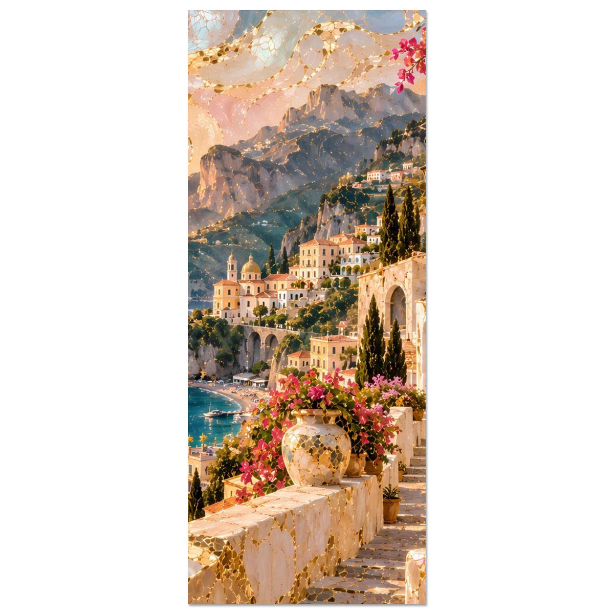 Küstenlandschaft-Poster im Hochformat: Blumen am Balkon, Laterne, Küstenstadt und Bergkulisse.