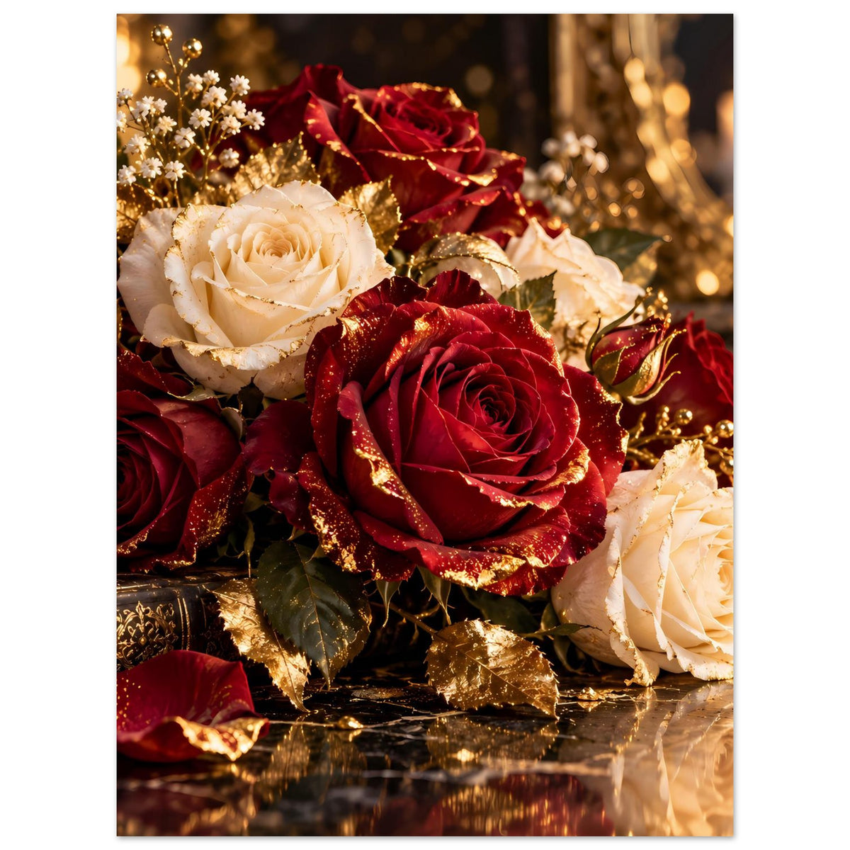 Poster mit Rosenstrauß aus cremeweißen und bordeauxroten Rosen, goldenen Akzenten