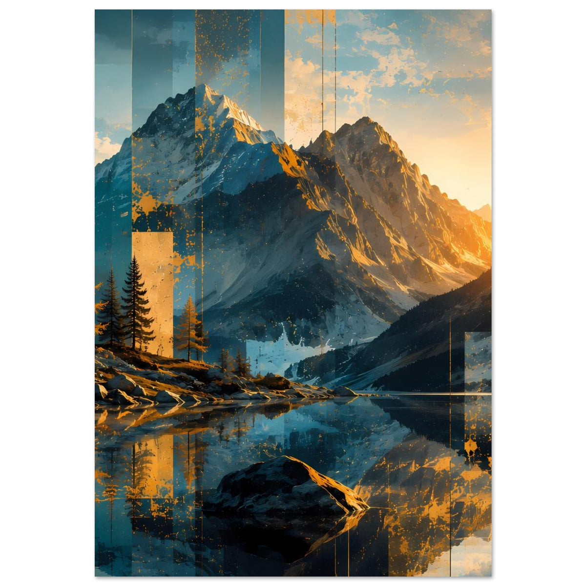 Poster mit abstrakter Bergszene: hohe Berge, Nadelwald, felsiger Vordergrund, goldene Lichtstimmung