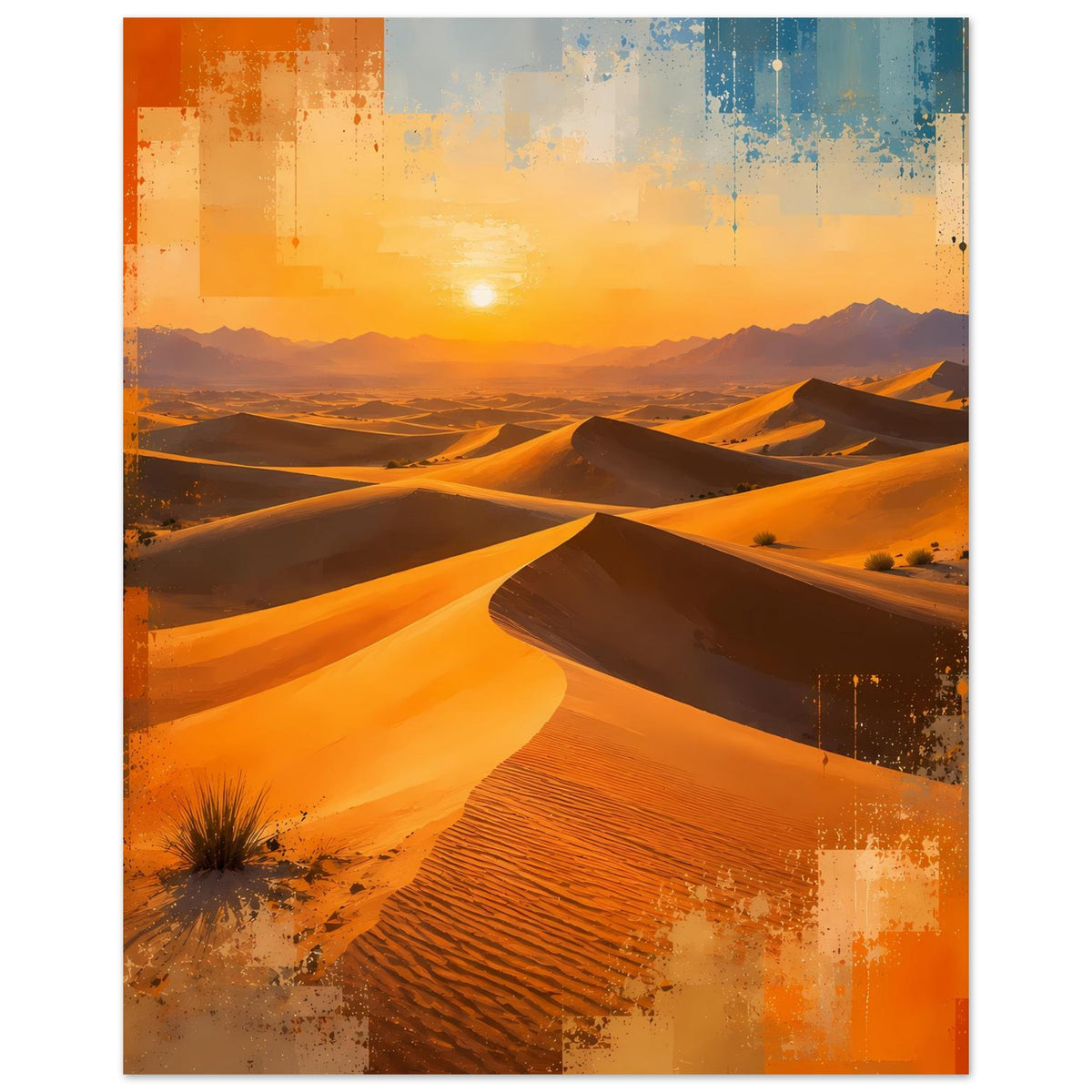 Wüstenlandschafts-Poster im Hochformat mit Dünenkämmen, goldener Sonne und Himmelshintergrund