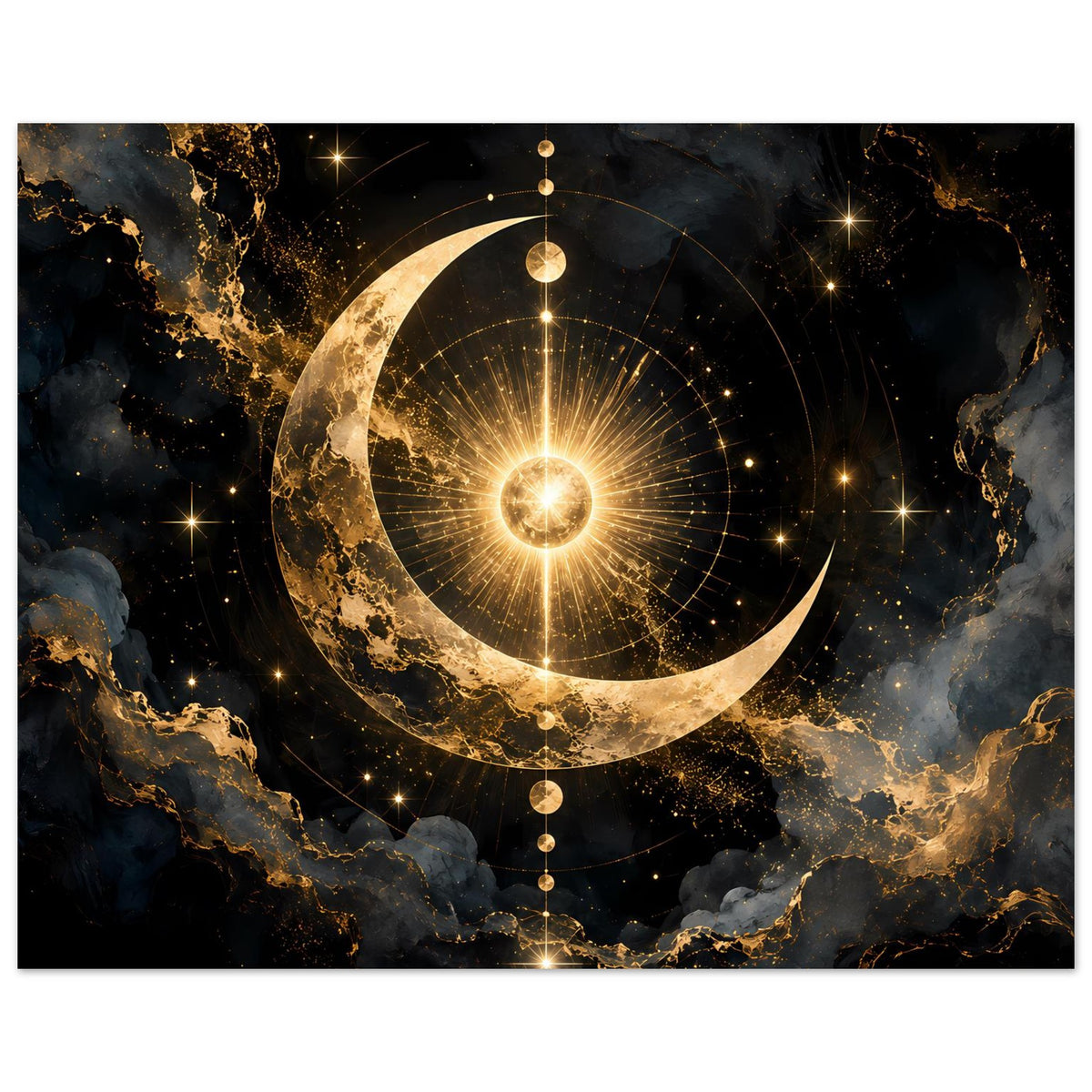 Horizontales Wandposter mit Mondsichel-Design in Gold, Sternen und feinen Kreislinien