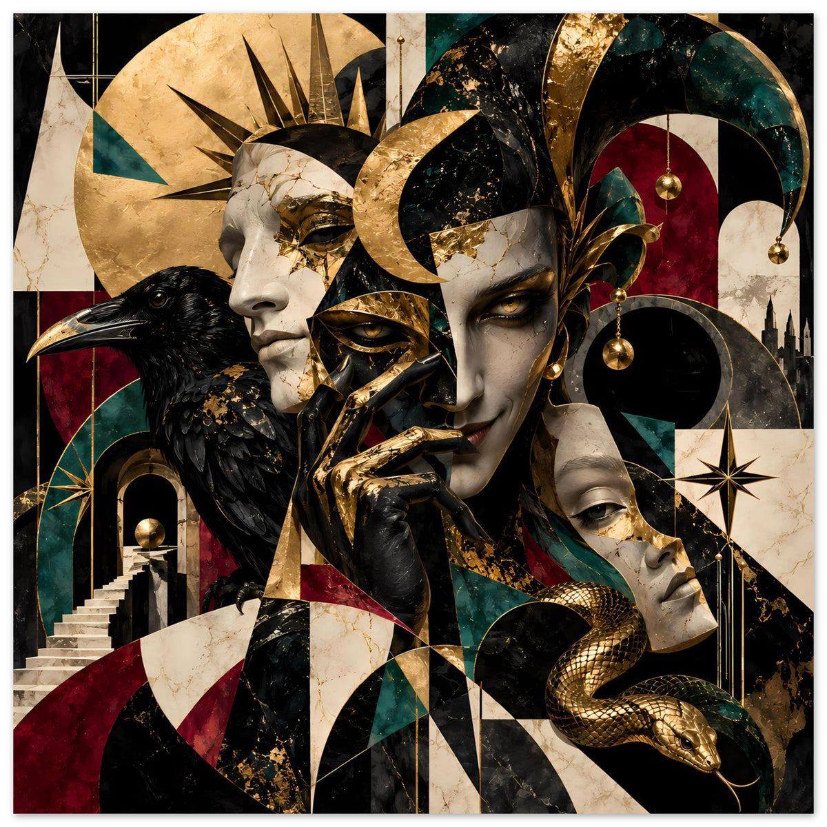 Kunstposter mit Goldakzenten im Querformat: zwei Maskenporträts, schwarzer Vogel, goldene Schlange