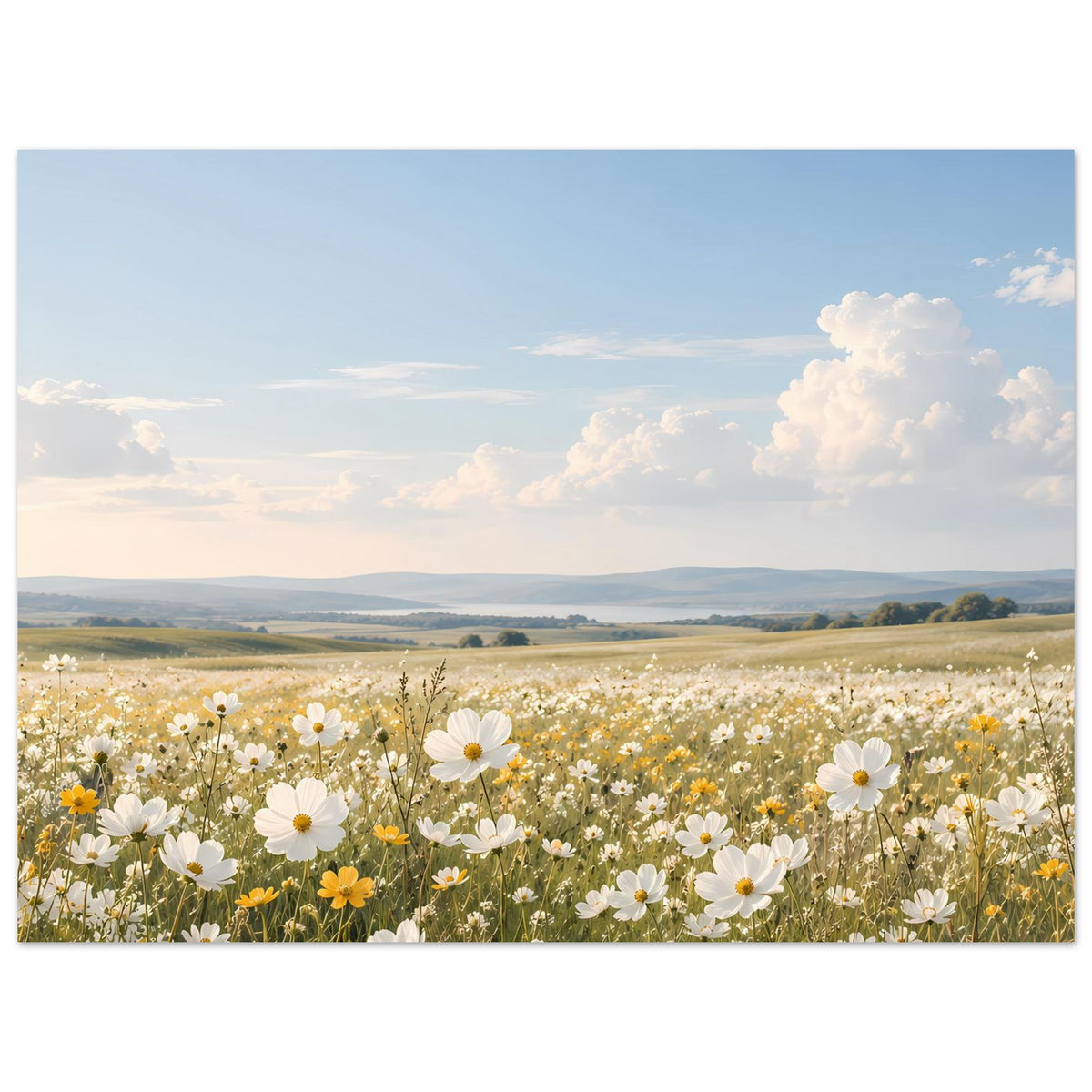 Horizontales Poster mit Wildblumenwiese, weißen Gänseblümchen und Landschaftshorizont im Rahmen