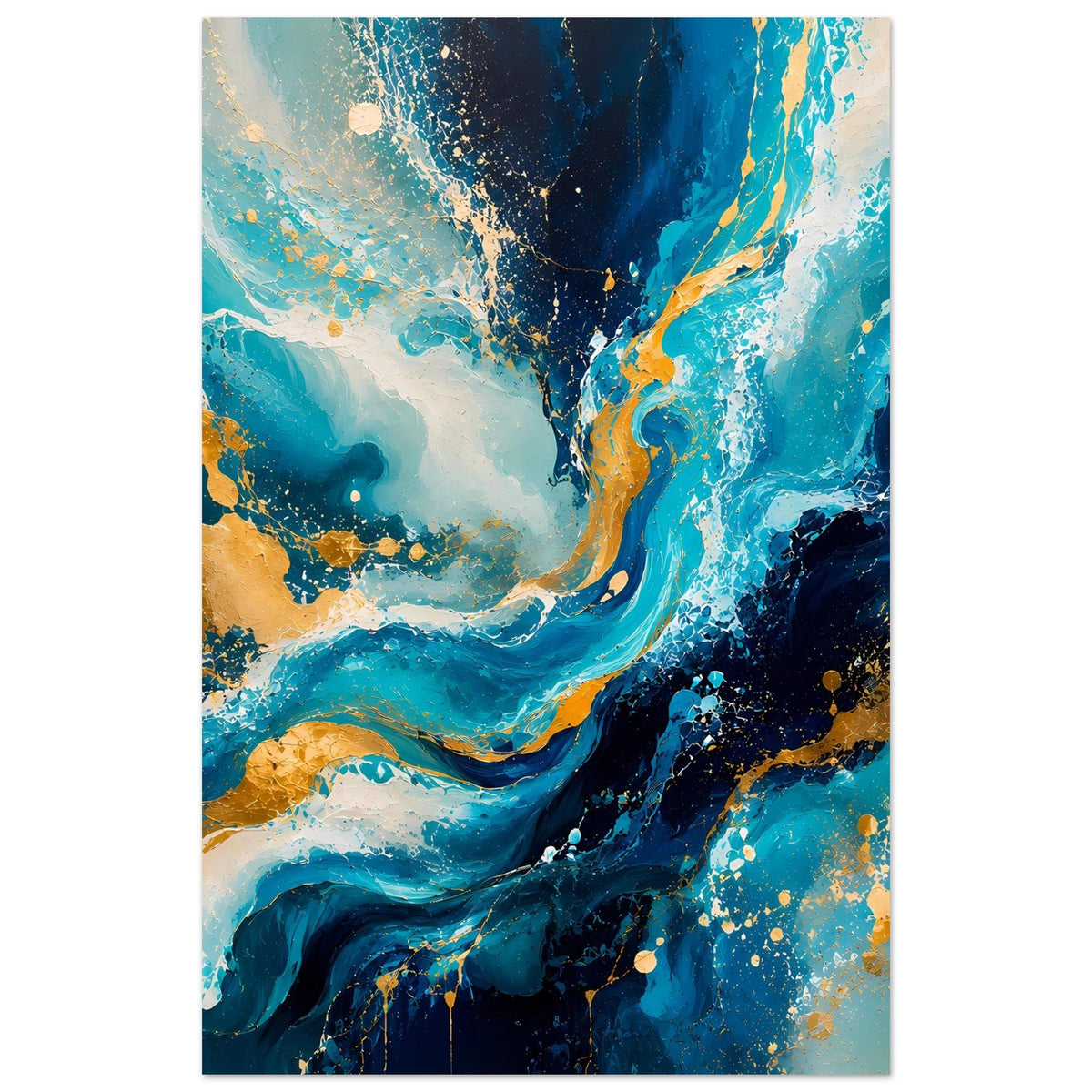 Abstraktes Kunstposter, hochformatig: blauweiße Wellenformen mit goldenen Farbpunkten