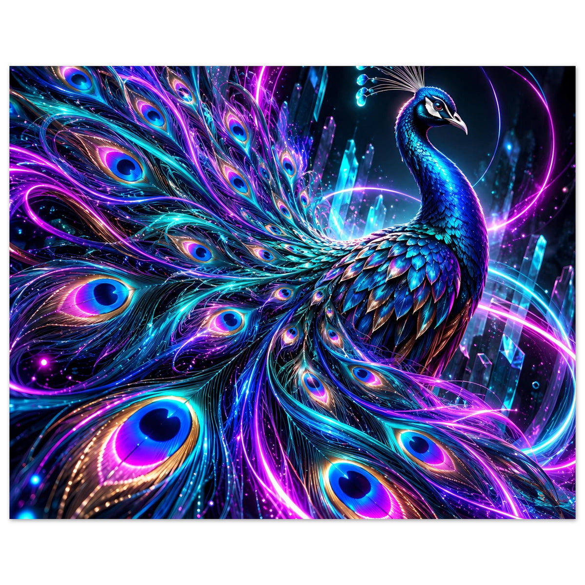 Neonfarbenes Pfauenposter mit blauem Pfau rechts, leuchtende Pfauenaugen