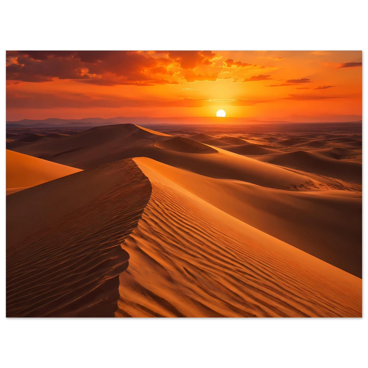 Poster mit Wüsten-Dünen, Sonne über der Landschaft, strukturierte Sandfurchen, mit Rahmen