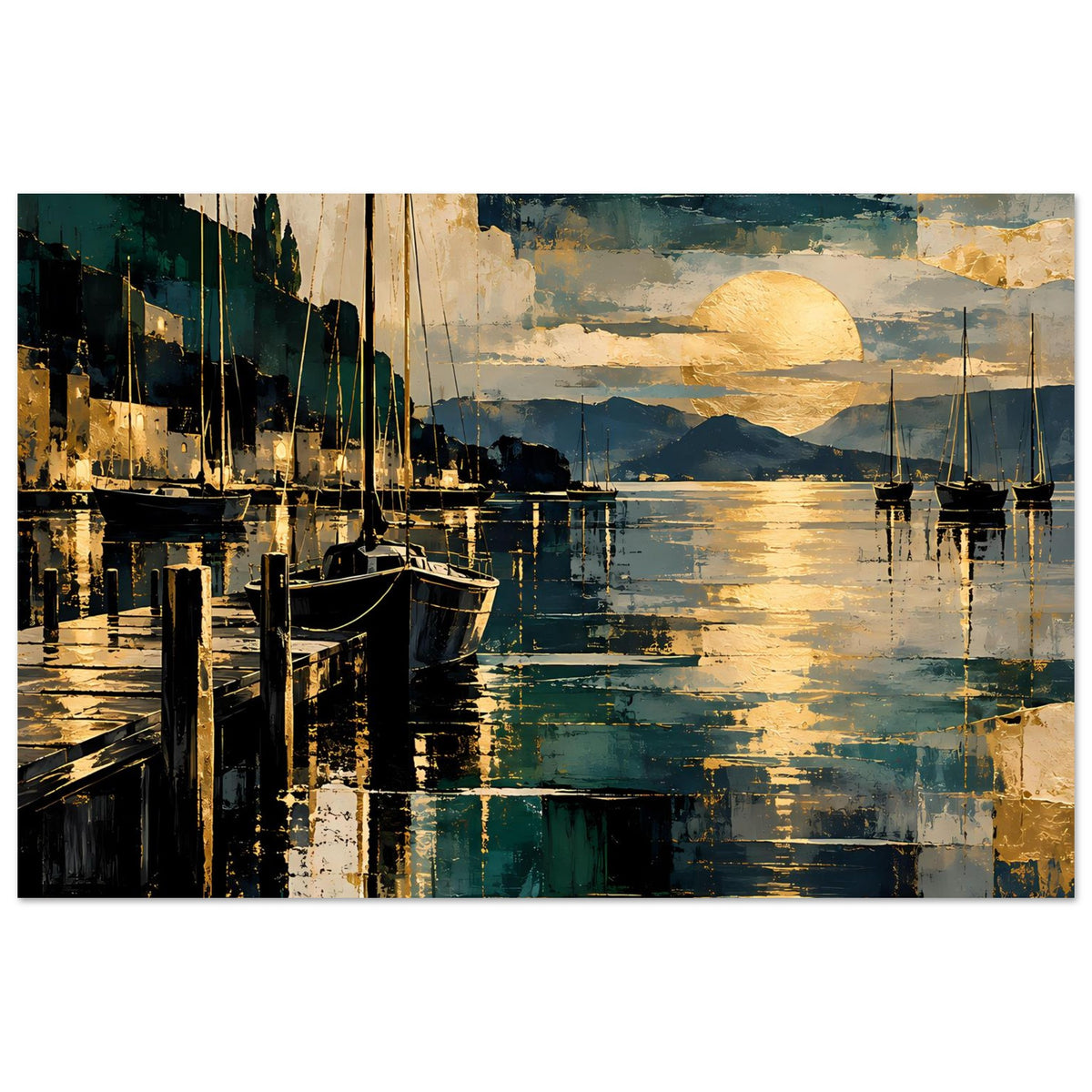 Maritimes Poster mit Segelbooten am Steg, goldener Sonnenuntergang in Blau und Gold (Querformat)