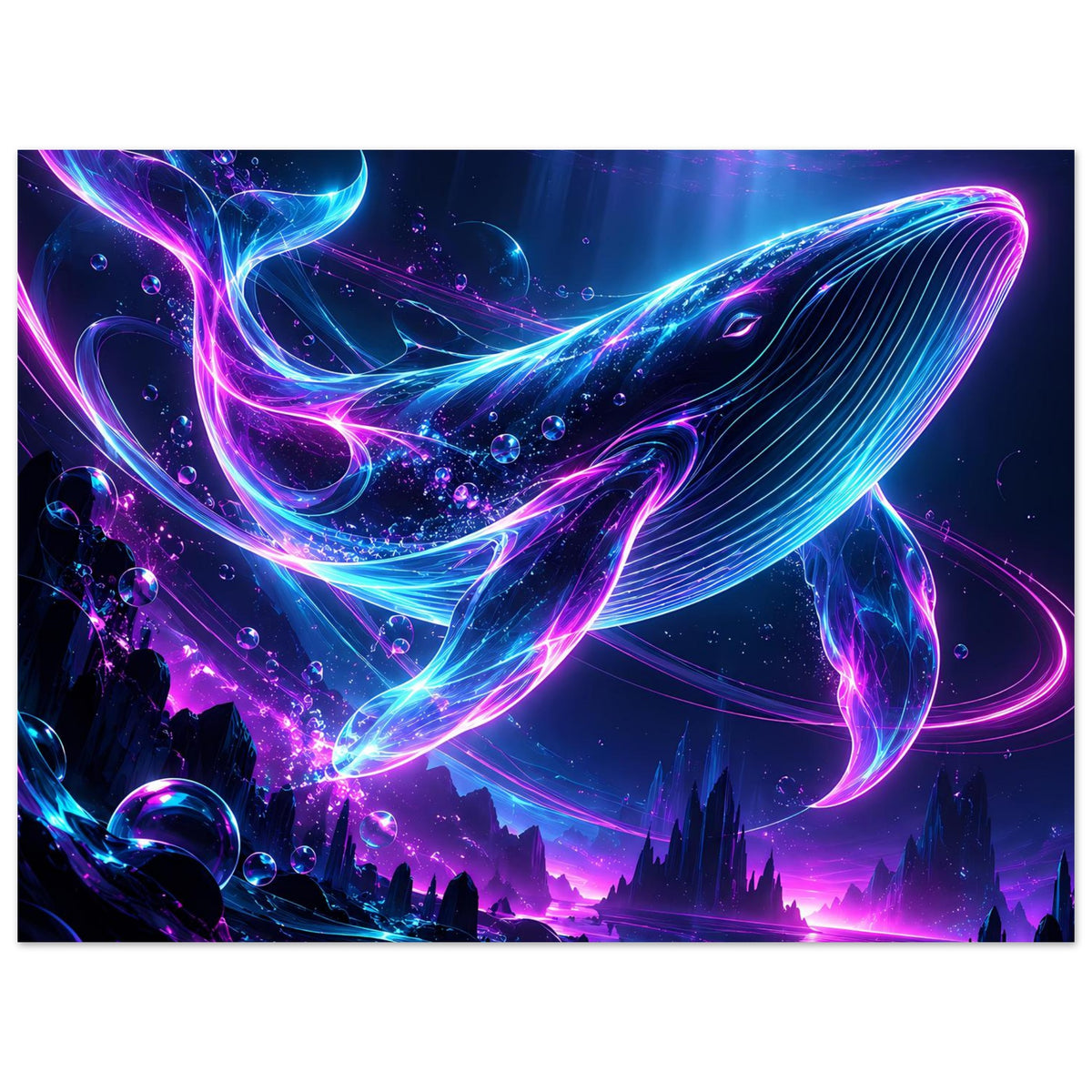 Horizontales Poster mit Neon-Wal in Blau und Pink, Blasen und Unterwasserlandschaft