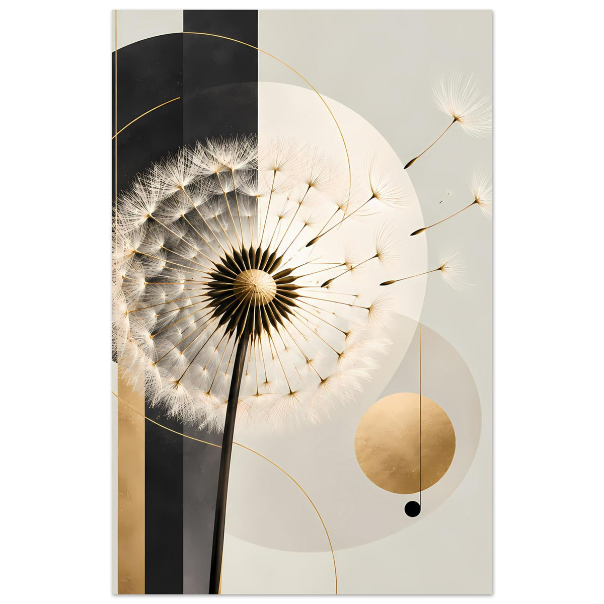 Poster mit Pusteblumen-Motiv, goldene Linien und beige Kreise, vertikaler Zuschnitt
