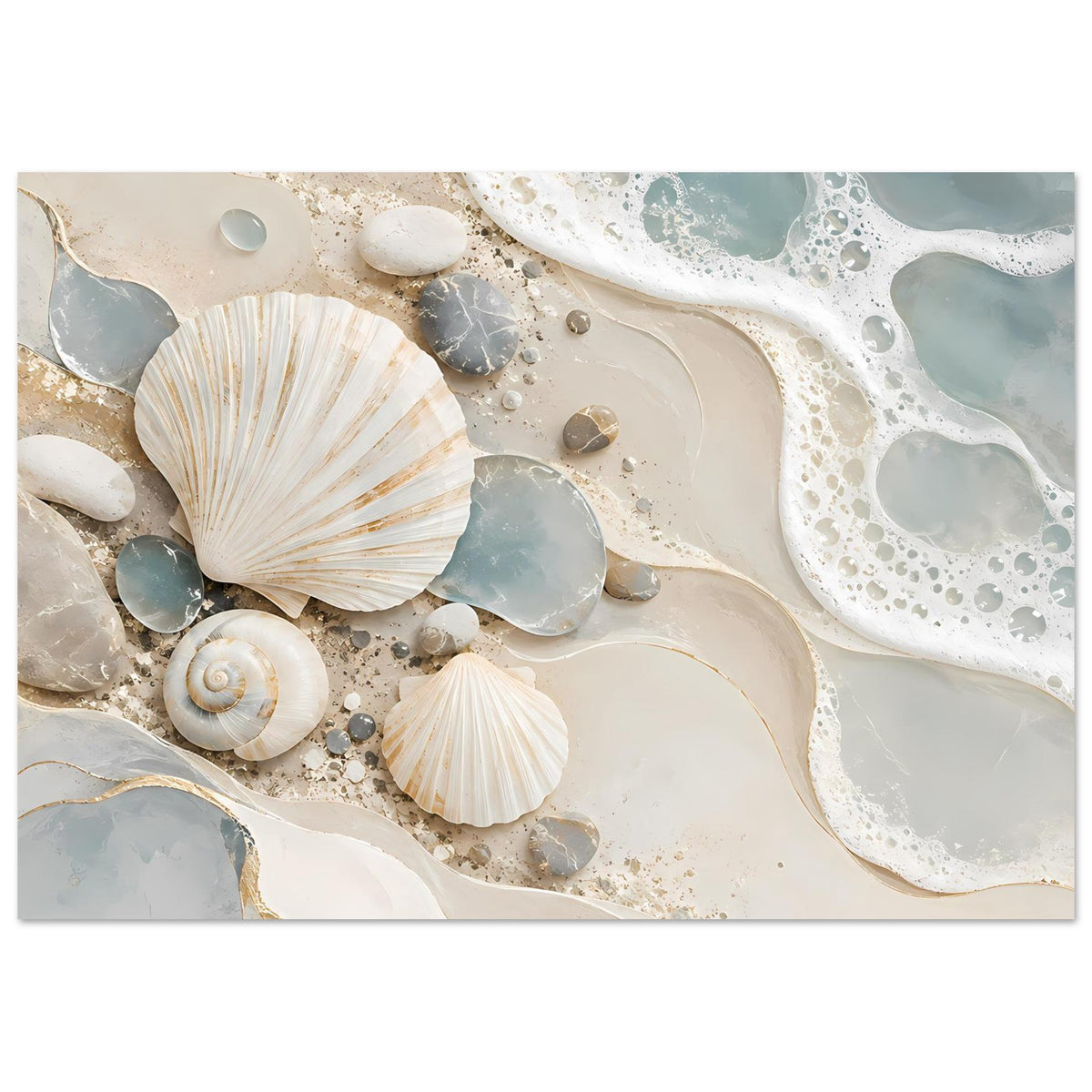 Küstenmotiv-Poster in Panoramaansicht: Muscheln, Kiesel und türkisfarbene Wasserflächen mit Schaum