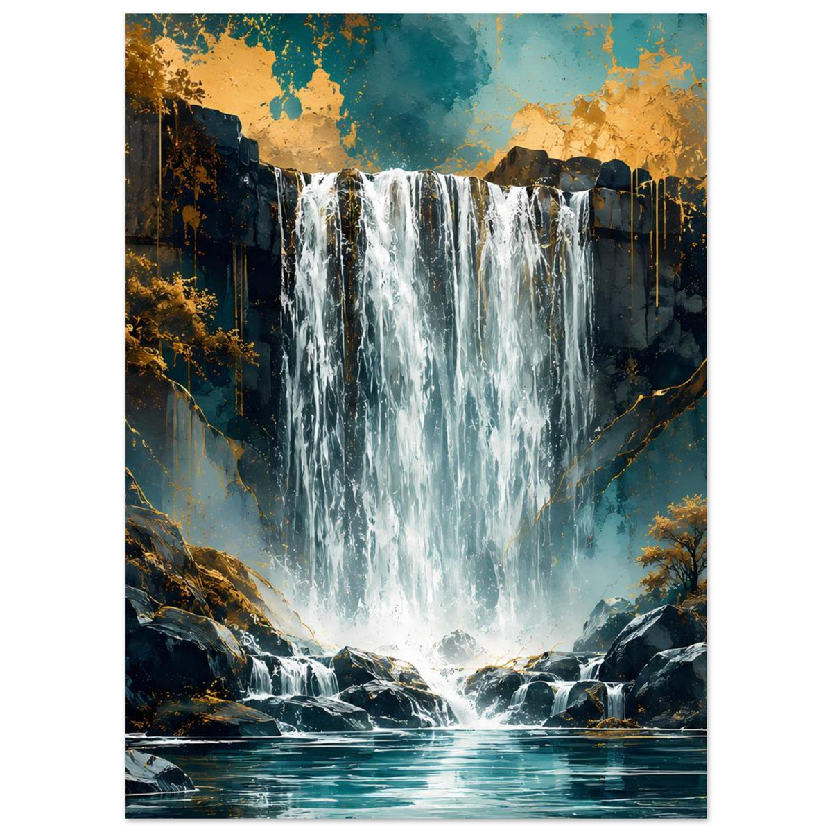 Wasserfall-Poster mit zentralem Wasserfall, türkisfarbenes Wasser zwischen Felsen