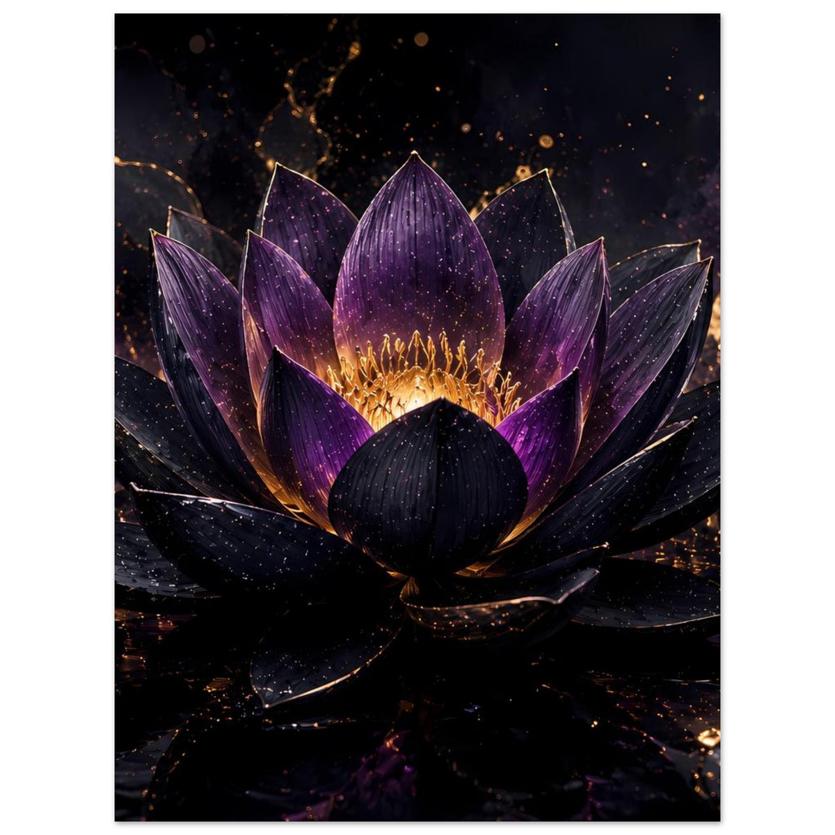 Lotusblüten-Poster im Hochformat, violett-goldene Blüte mit feinen Funken um das Zentrum