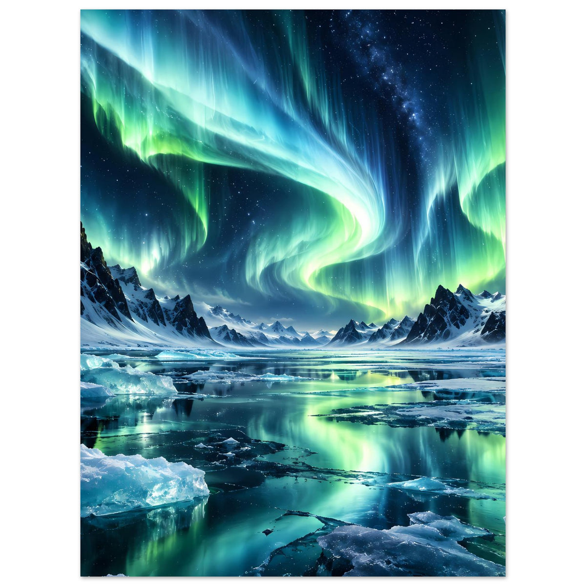 Nordlicht-Poster mit grünen und blauen Lichtbögen über verschneiter Berglandschaft und See