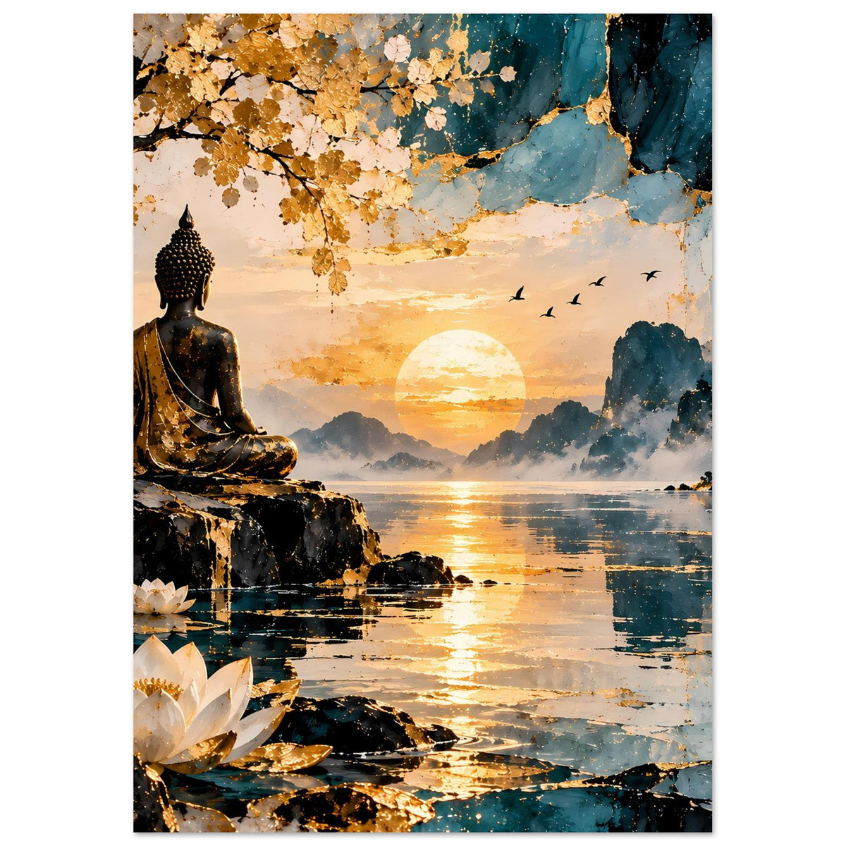 Buddha-Wandposter mit sitzendem Buddha, Lotusblüten und Sonnenuntergang zwischen Bergen