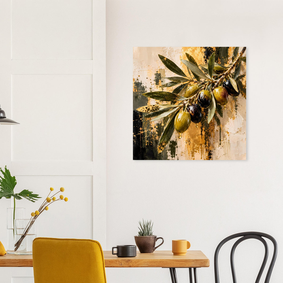 Quadratisches Wandposter mit Olivenzweigen in Gold und Olivgrün, Sprenkel und Flecken