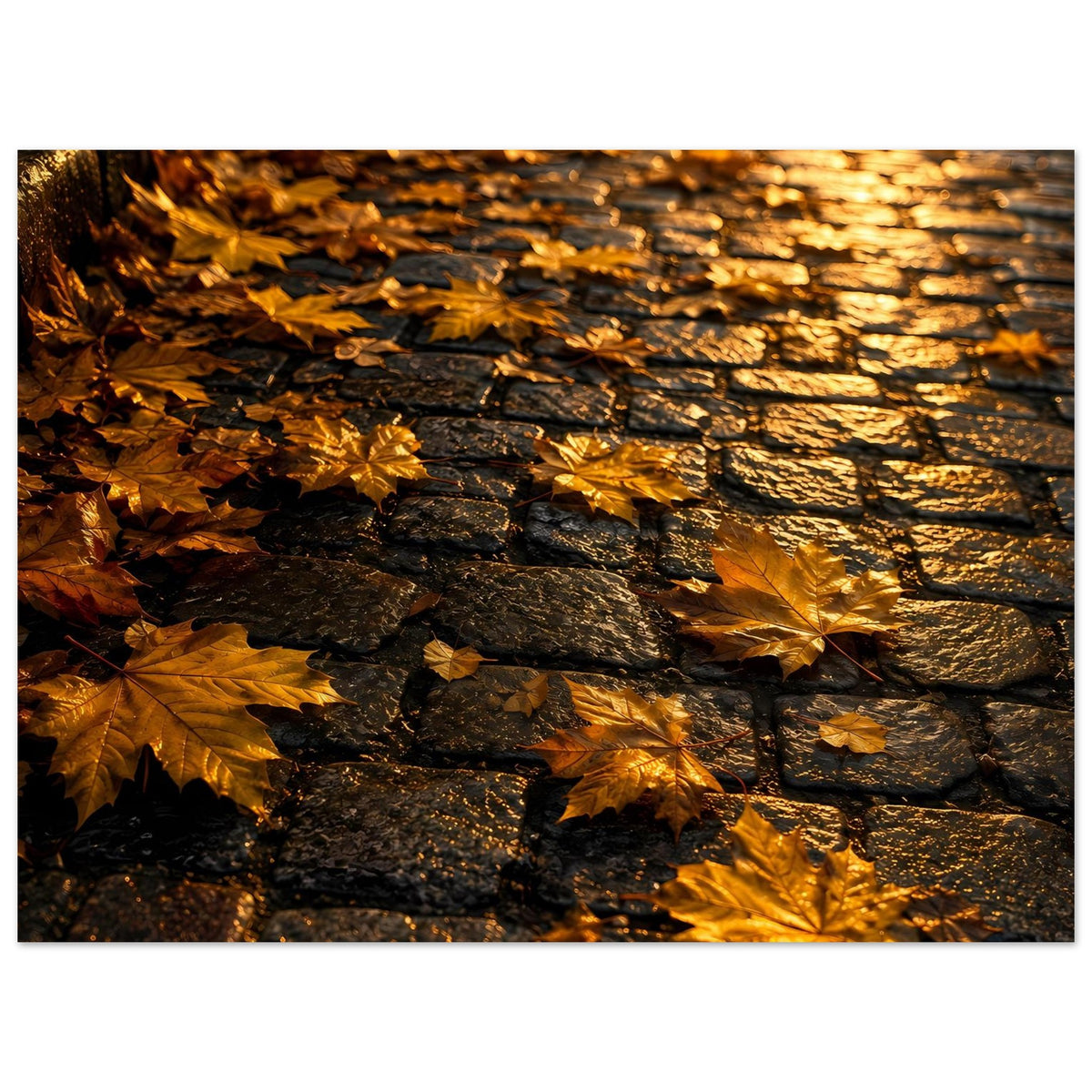 Herbstposter auf mattem Papier: gelbes Laub entlang dunkler Steinreihen, warmes Lichtmotiv