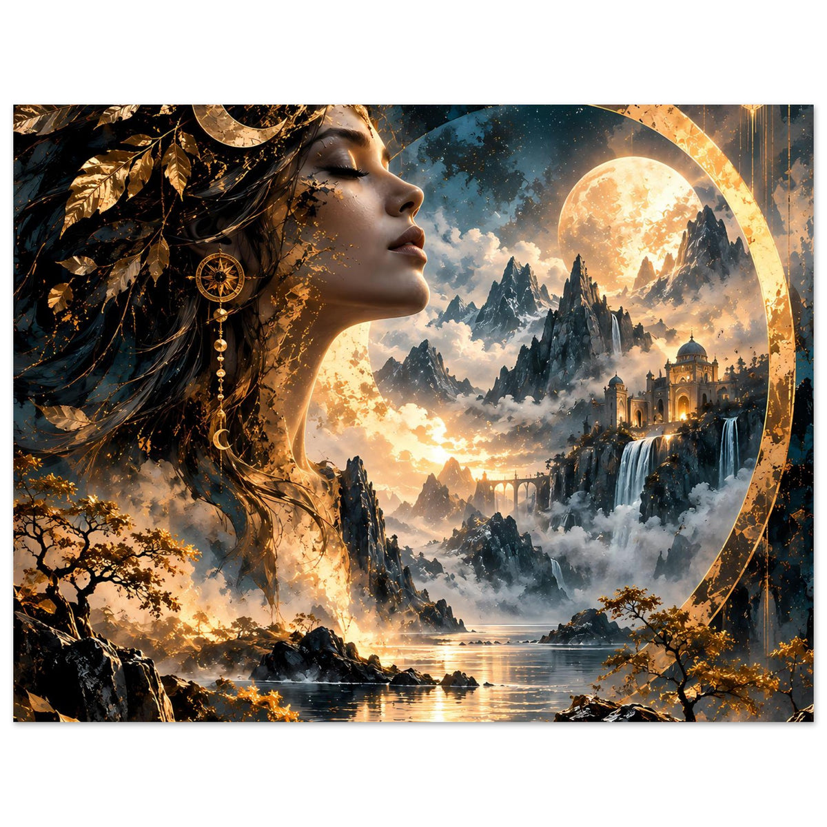 Horizontales Poster mit Frauenprofil, Mond im Kreis und goldener Berg- und Flusskulisse