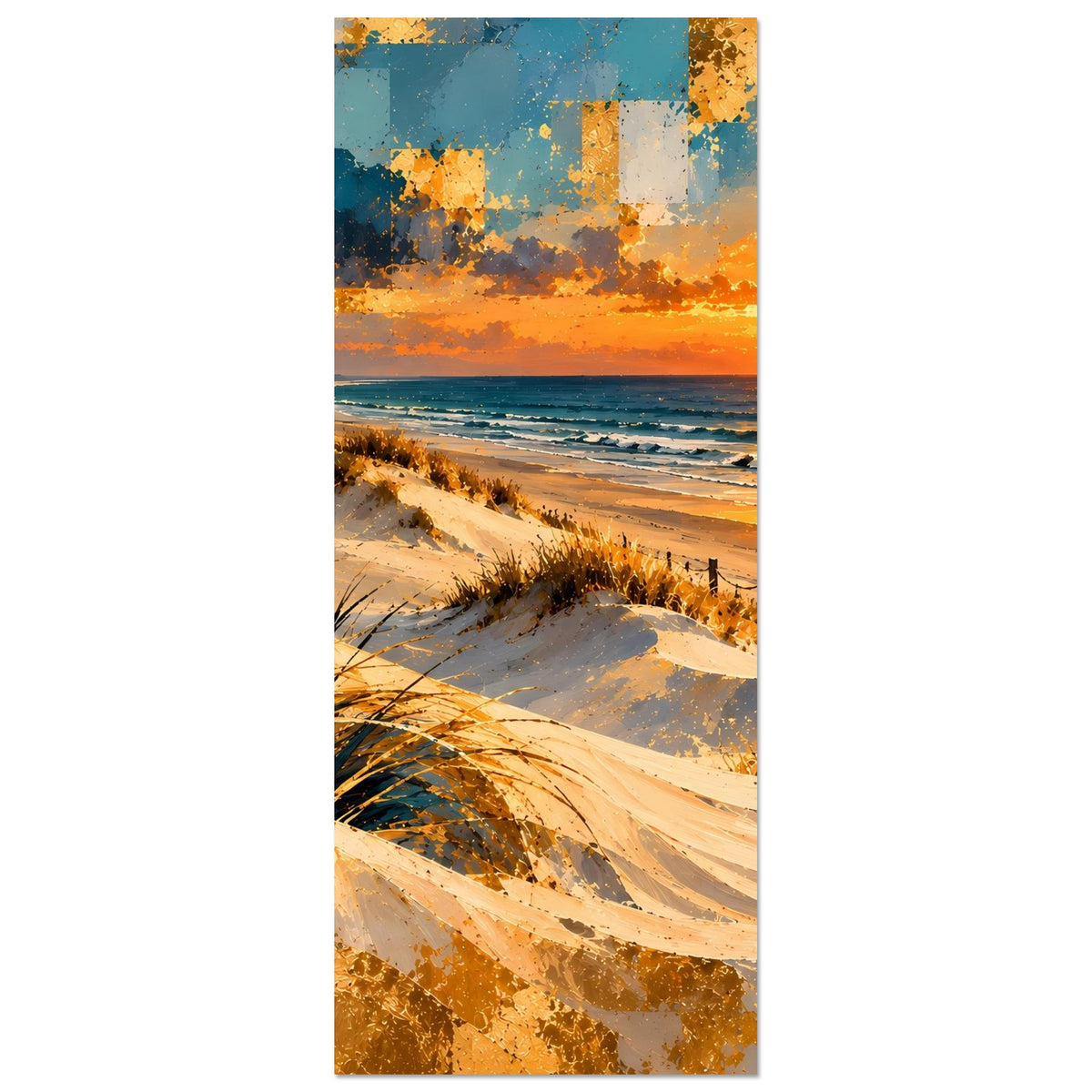 Sonnenuntergangs-Strandposter (vertikal): Küste mit Wellen, Sanddünen, goldener Sonnenball