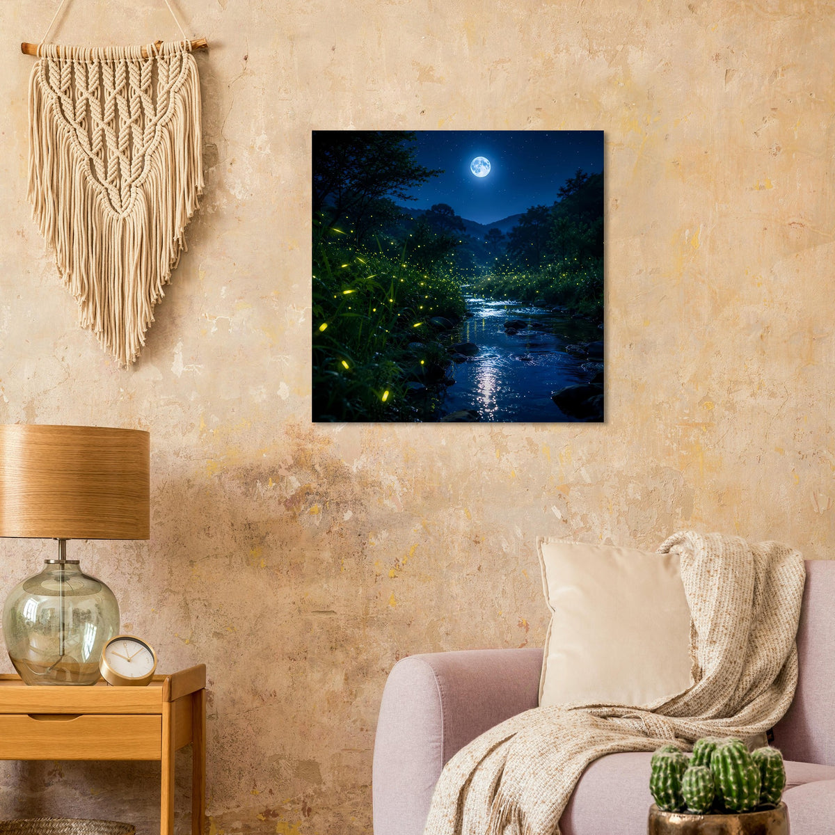 Quadratisches Wandposter: Fluss im Mondschein mit leuchtenden Glühwürmchen im Wasser