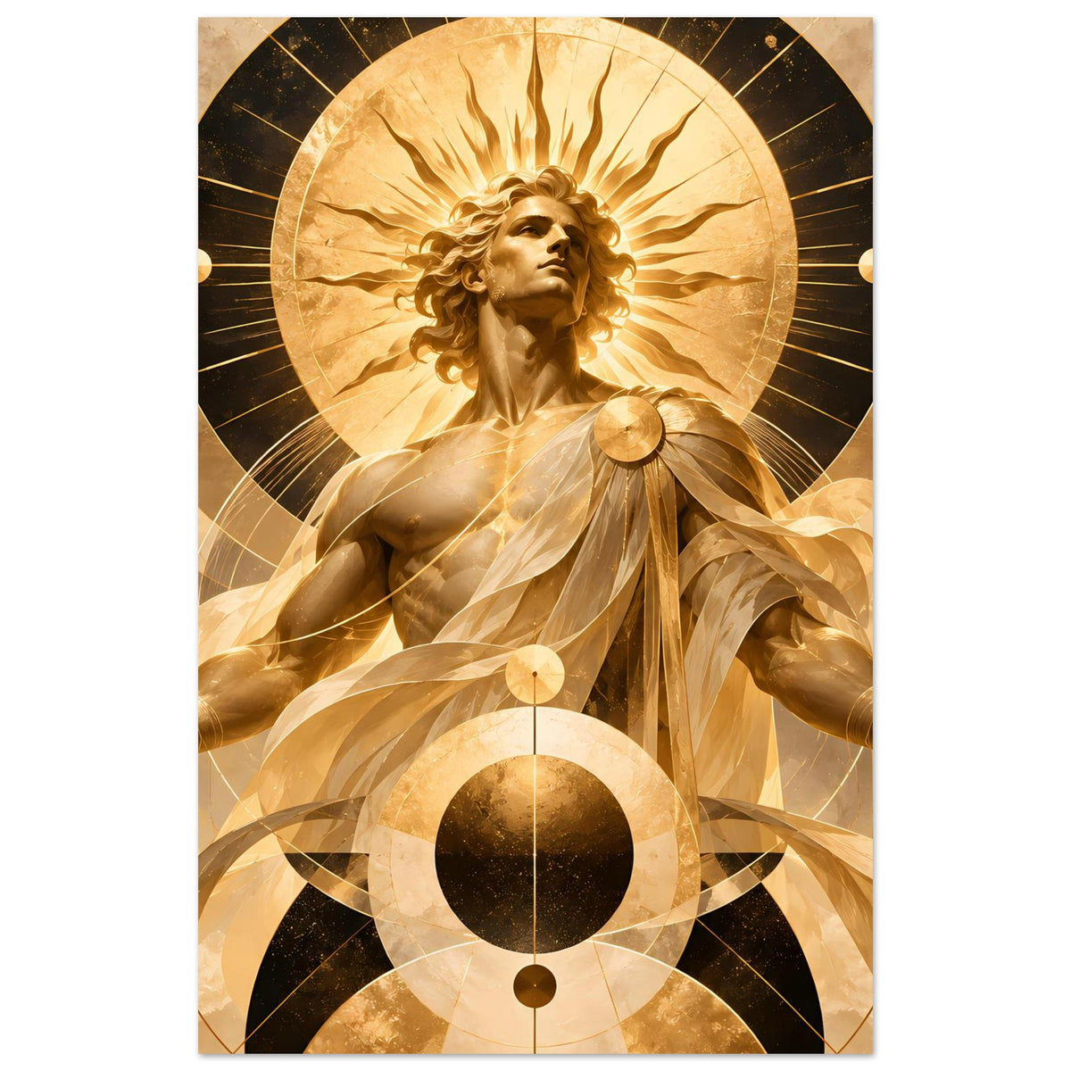Poster im Hochformat mit goldener Engel-Figur, Strahlenkranz und Kreismustern