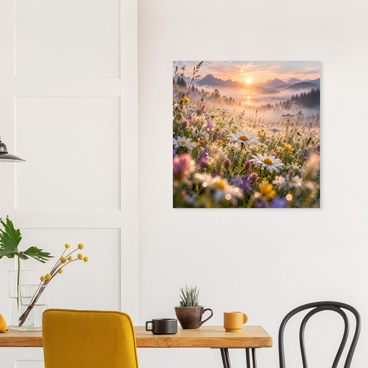 Quadratisches Poster mit Wildblumenwiese und Sonnenaufgang, im dunklen Rahmen