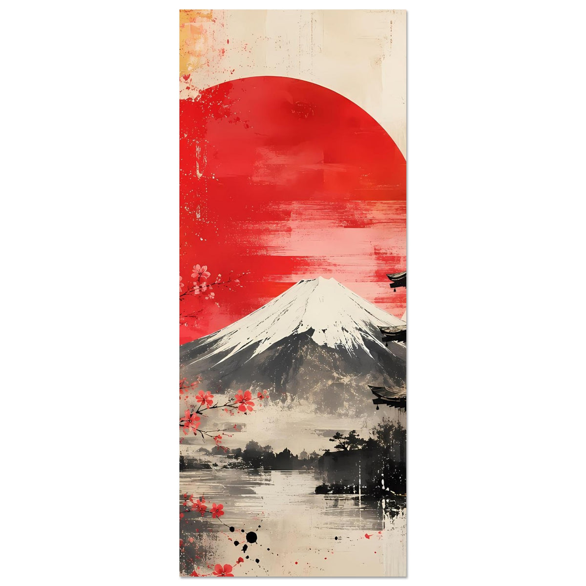 Hochkant-Poster mit Fuji, roter Sonne und Pagode, Kirschblüten im Vordergrund