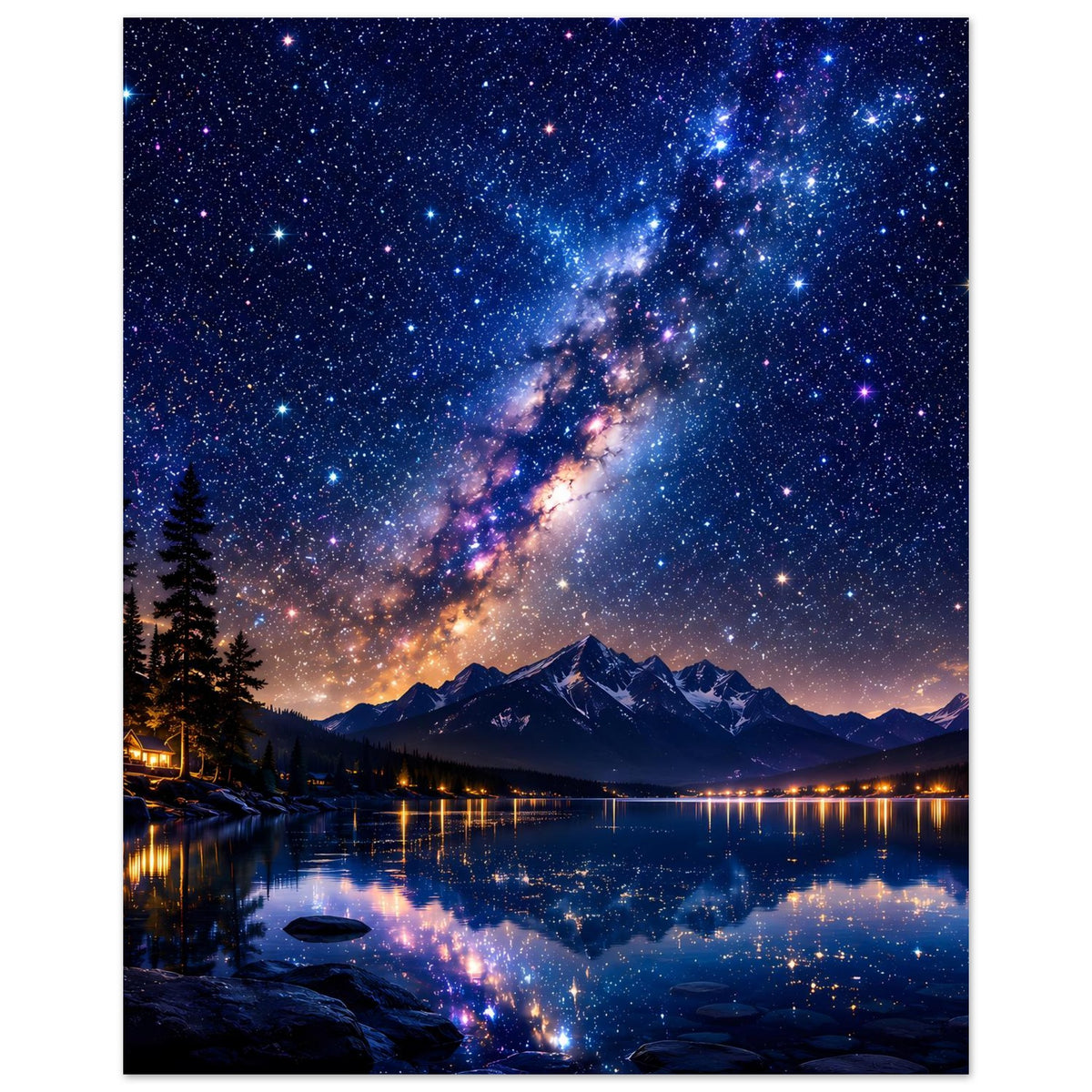 Poster im Hochformat: Milchstraße über Berggipfeln und spiegelndem See