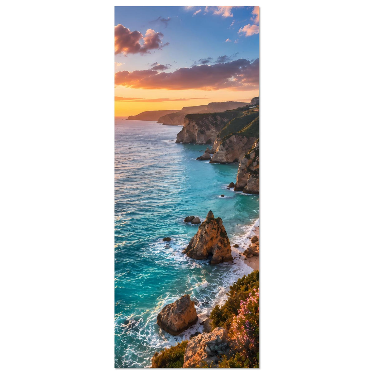 Vertikales Poster mit Strandbucht, Küstenfelsen und türkisfarbenem Meer