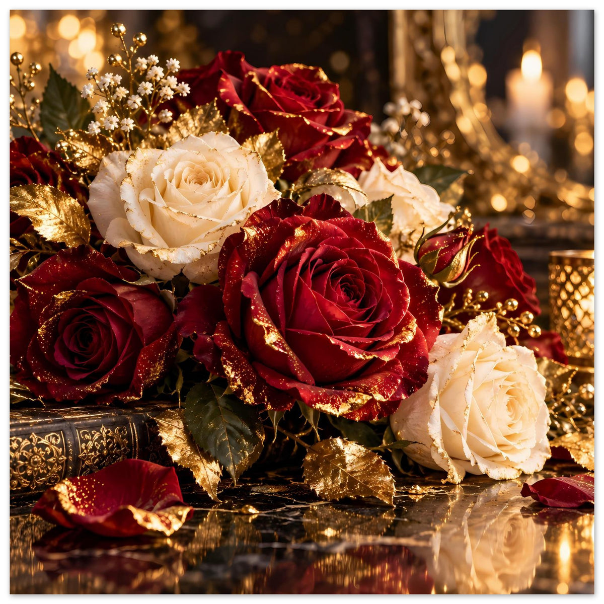 Poster mit Rosenstrauß aus cremeweißen, bordeauxroten Rosen und goldenen Blütenakzenten