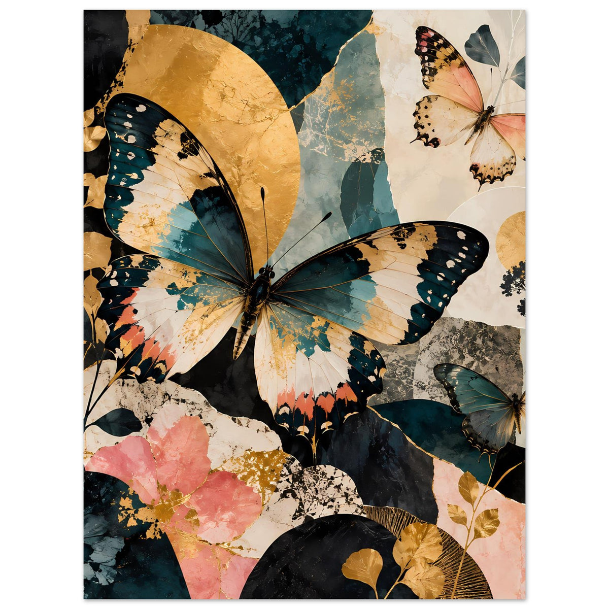Kunstposter mit Schmetterlingen, floralen Elementen und Pastellfarben in Türkis, Gold und Pfirsich