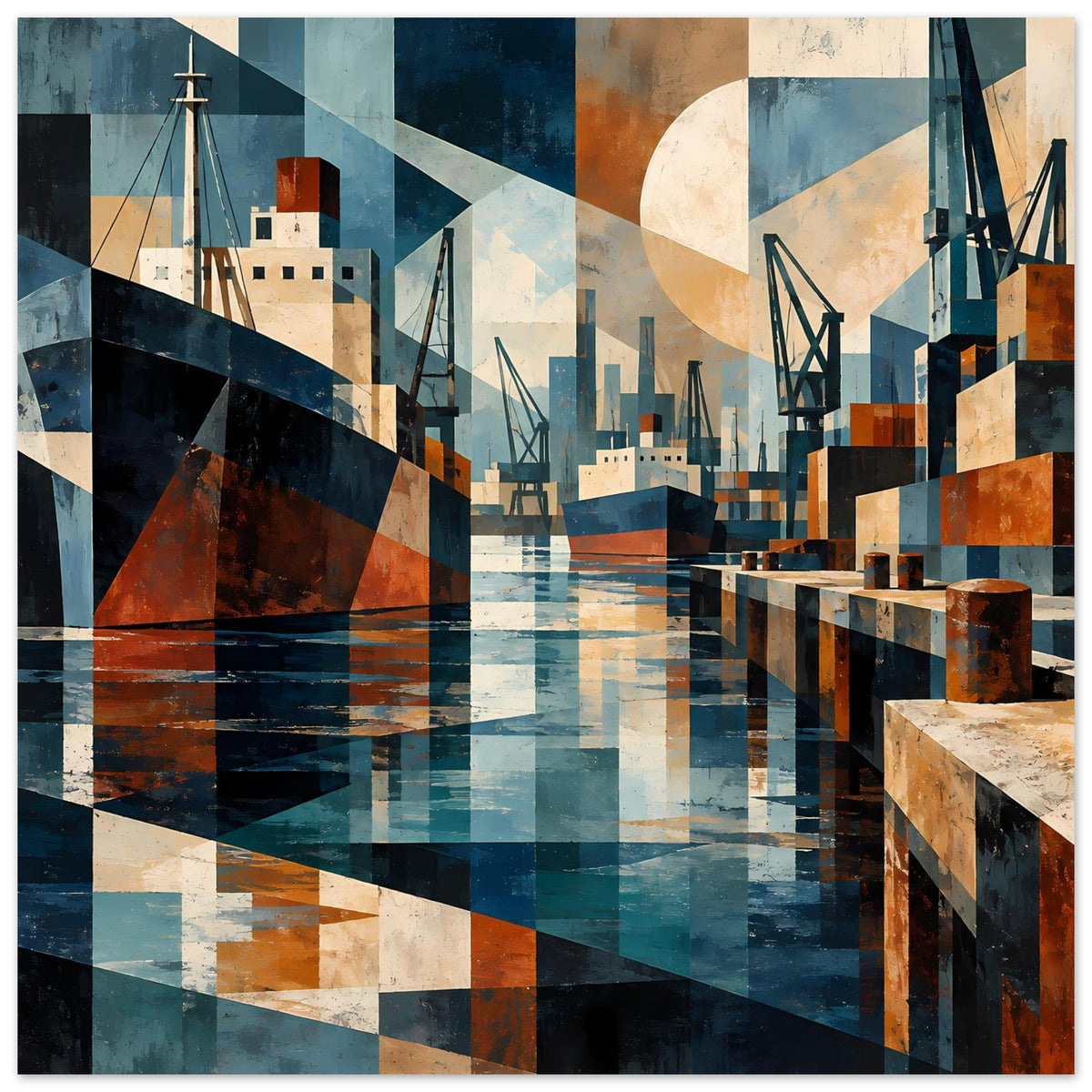 Geometrischer Hafen-Kunstdruck mit Piers, Schiffskranen und Wasser in Blau/Erdtönen