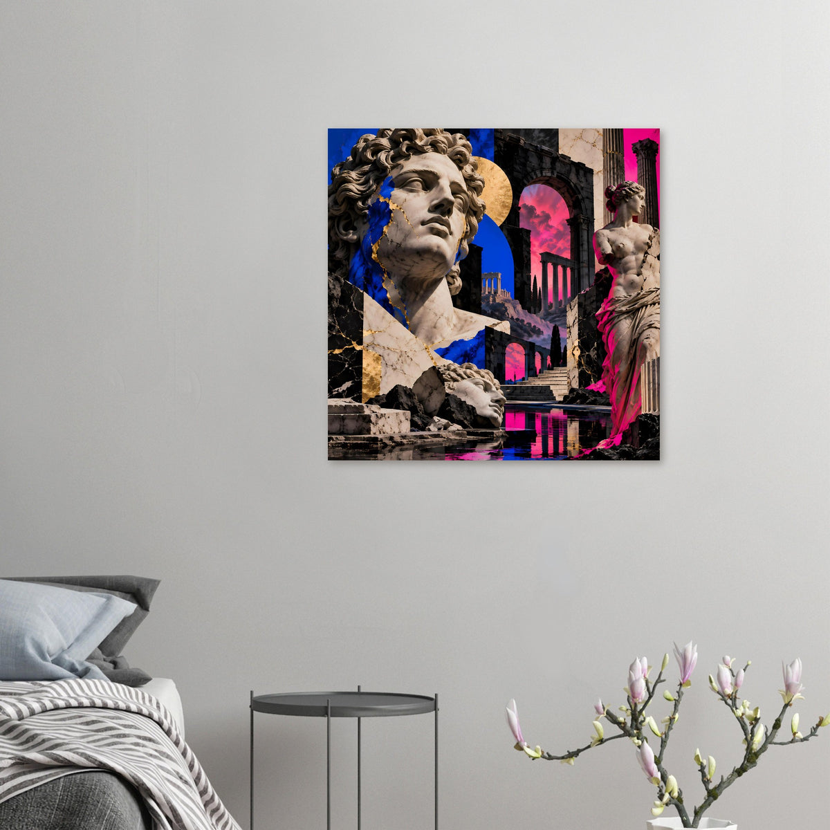 Kleines Poster mit antiker Statue, blauem und pinkem Akzent, Architektur im Collage-Stil