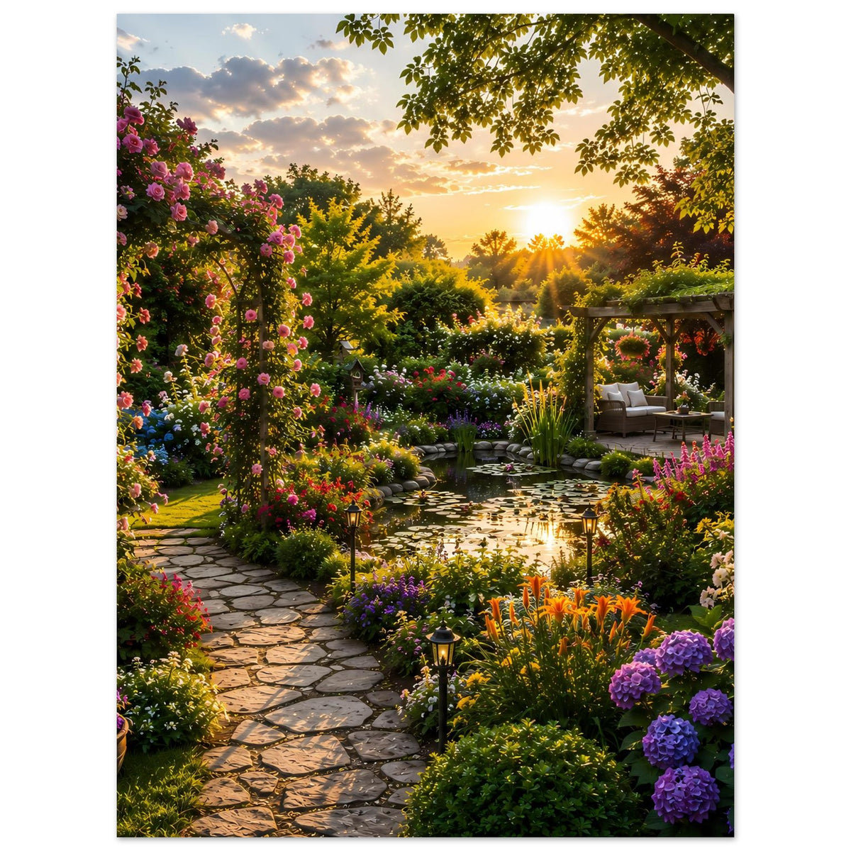 Hochformatiges Blumenposter: verschlungener Weg, violette Blütenbeete und Pavillon bei Abendsonne