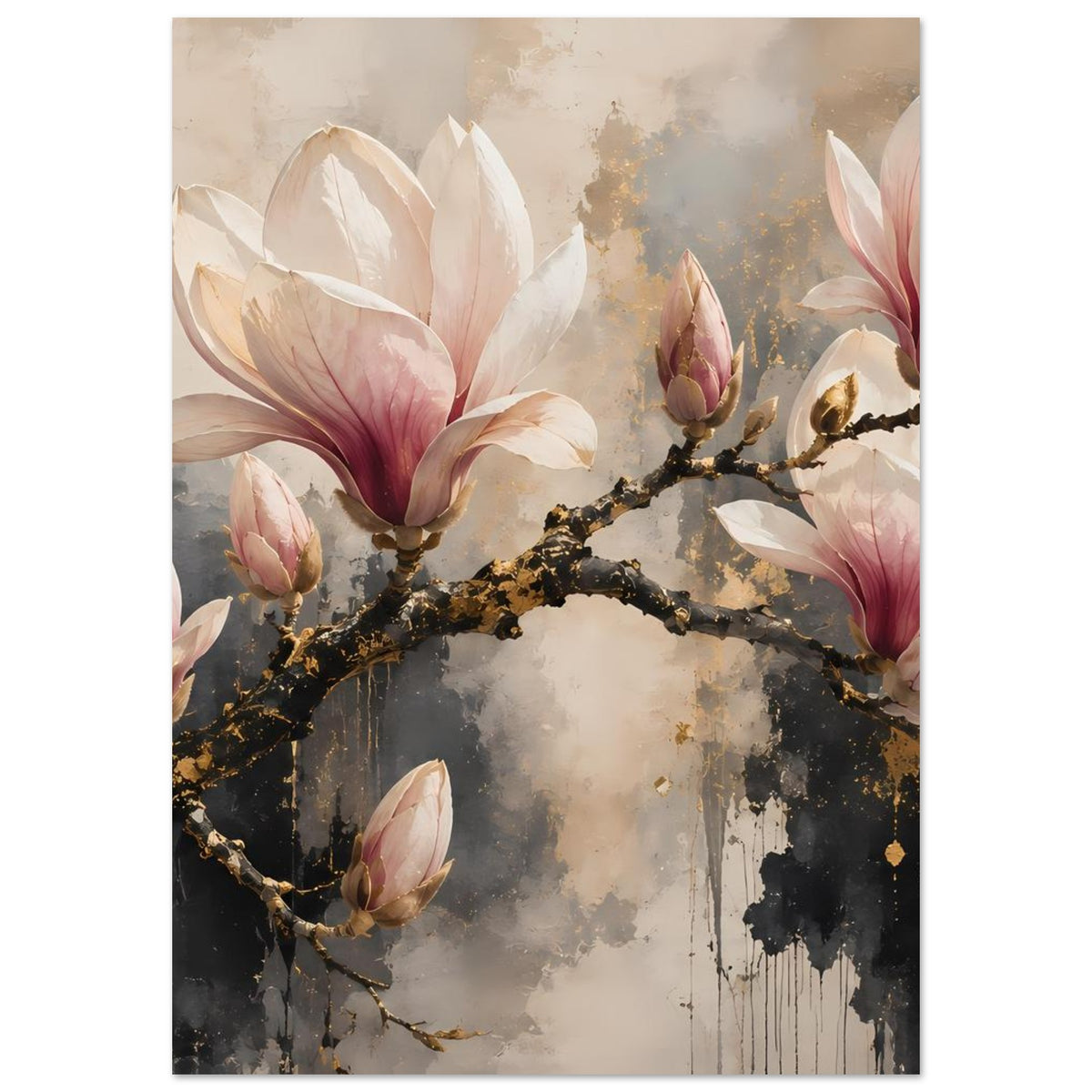 Vertikales Poster mit Magnolienblüten an goldakzentuiertem Ast, kontrastreicher Farbverlauf