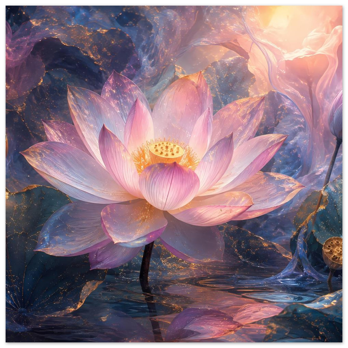 Lotusblüten-Poster mit rosa Blütenblättern und goldenem Lotusinneren, umflossen von Licht