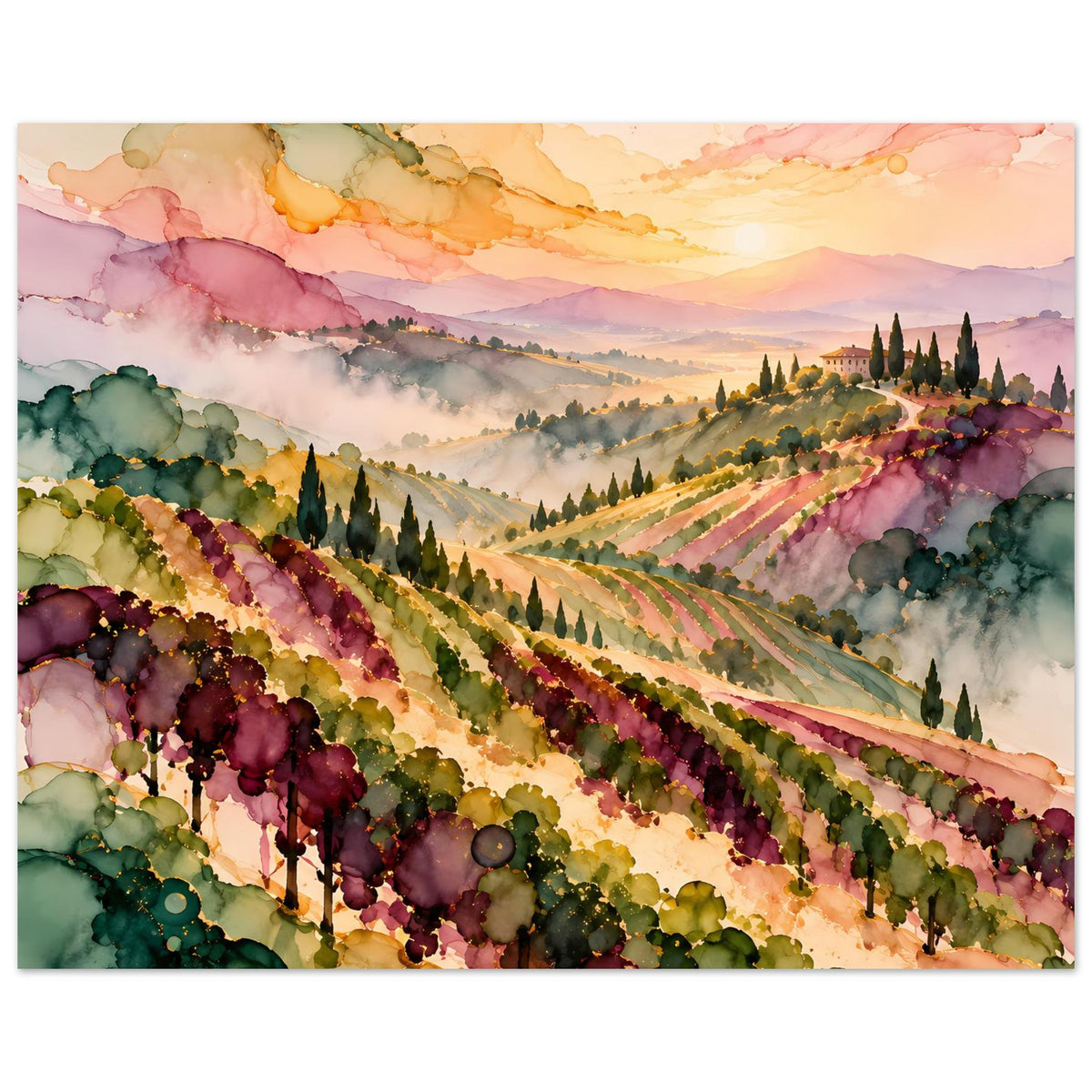 Landschaftsposter im Querformat: Weinberg-Hügel in Pastellfarben, Aquarell-Optik, Sonnenuntergang