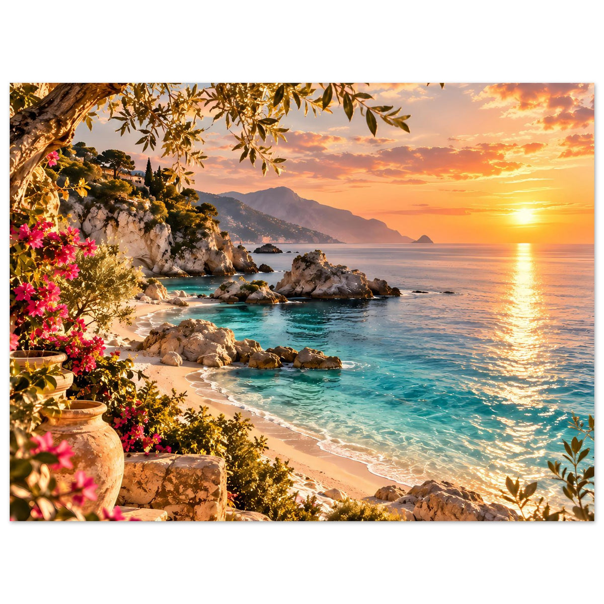 Querformat-Strandposter mit Sonnenuntergang über der Bucht, türkisfarbenes Meer und Felsen