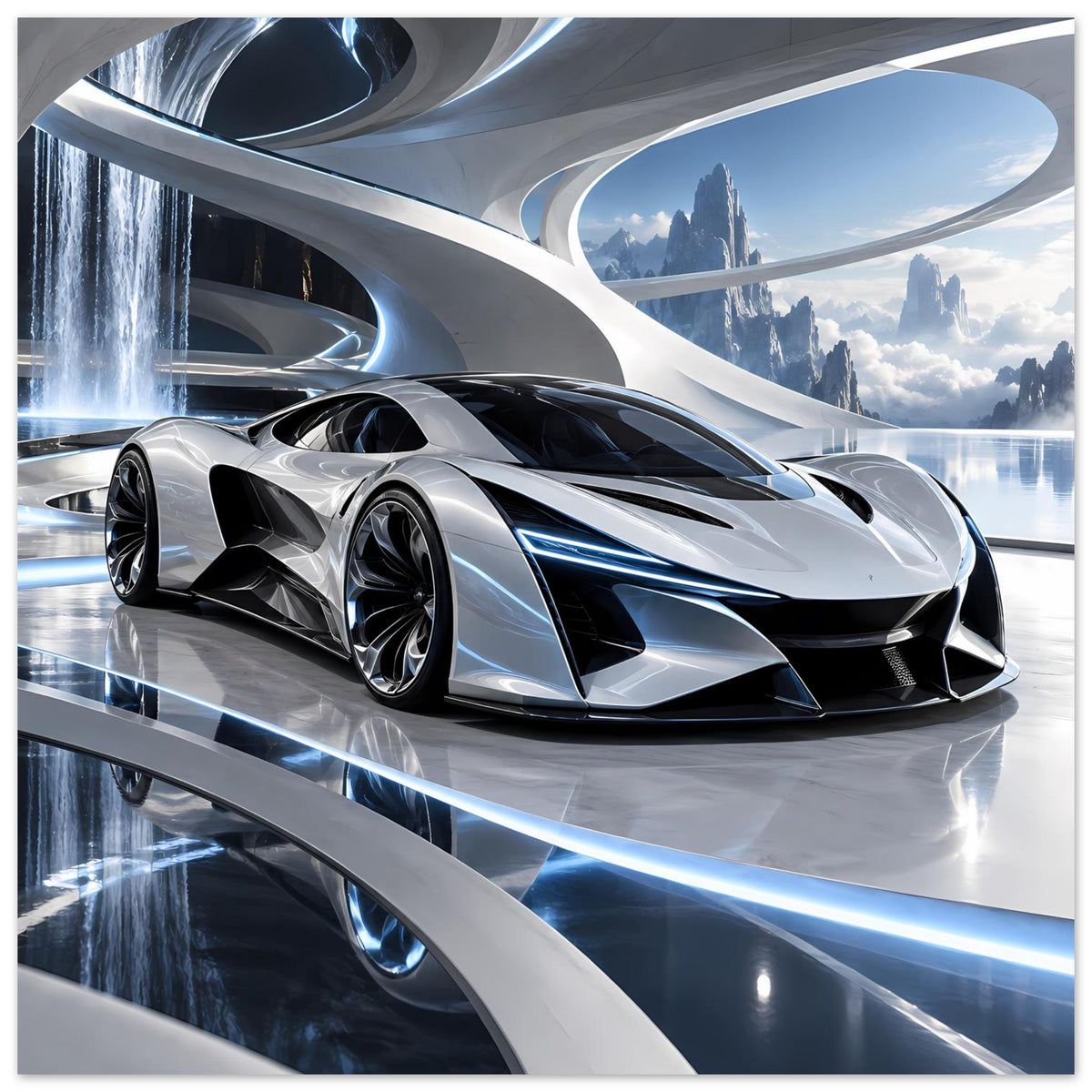 Futuristisches Auto-Poster mit silbernem Supersportwagen und scharfem Scheinwerfer-Design