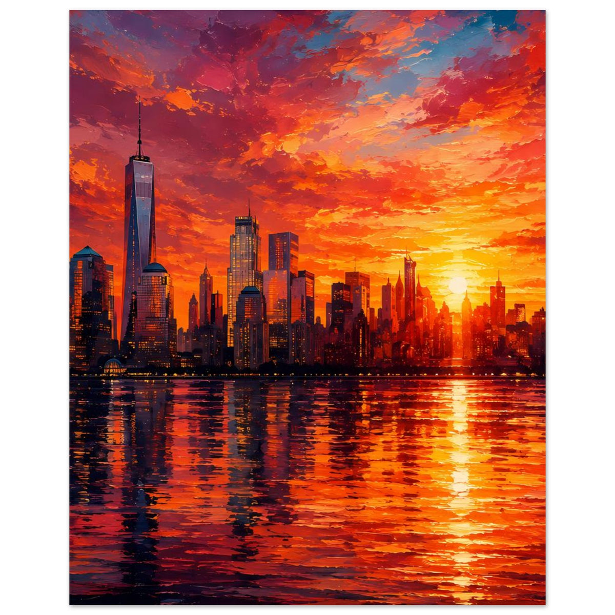 Poster im Hochformat mit New York Skyline und One World Trade Center bei Abendrot
