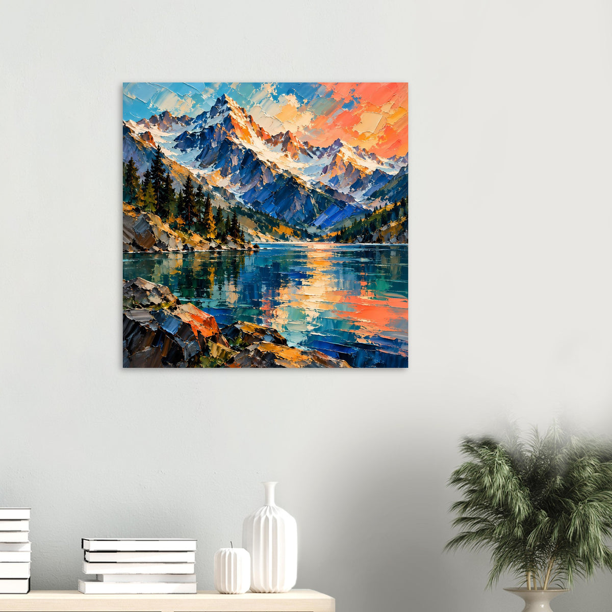 Mattes Mini-Poster: reflektierender See mit Bergen und warmen Orange- und Blautönen.