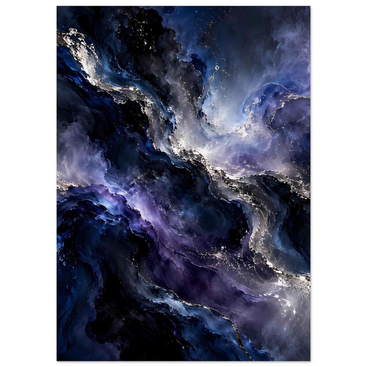 Weltraum-Poster, vertikal: großflächige blaue Nebel mit hellem silbernem Verlauf und feinen Sternen.