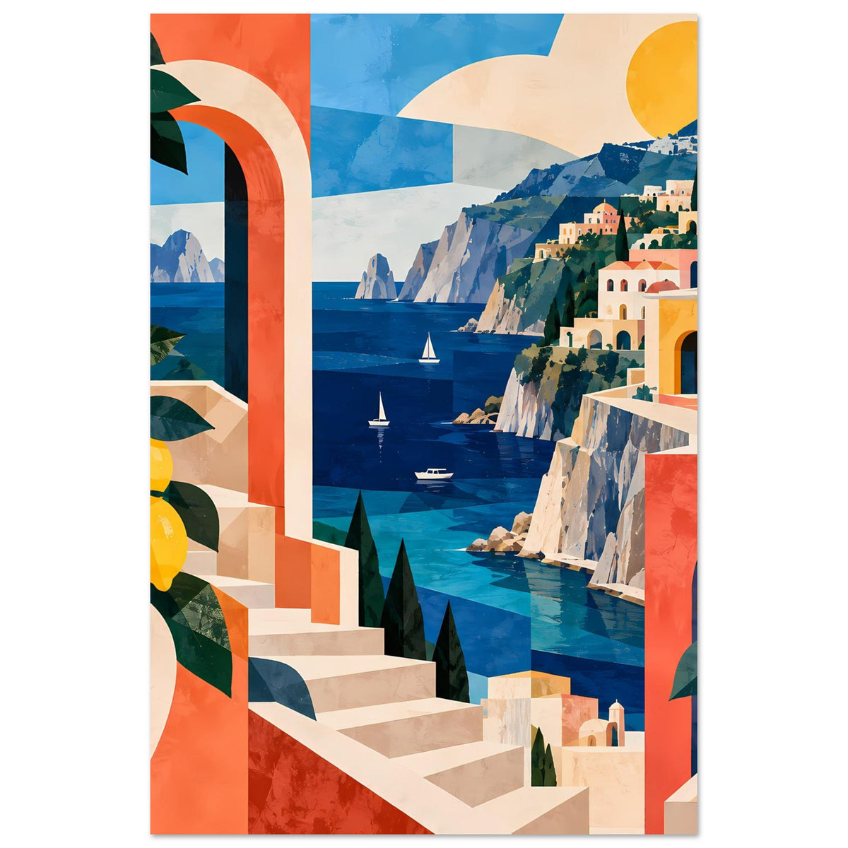 Mediterranes Küstenposter mit Zitronenmotiv im Hochformat, Meer, Treppen und Häuser an der Küste