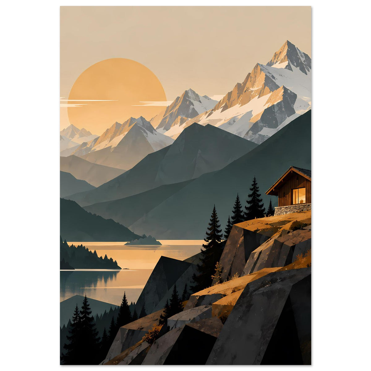 Poster mit Alpen-See-Landschaft: Berggipfel, Seeufer, Tannenwald und Holzhaus.