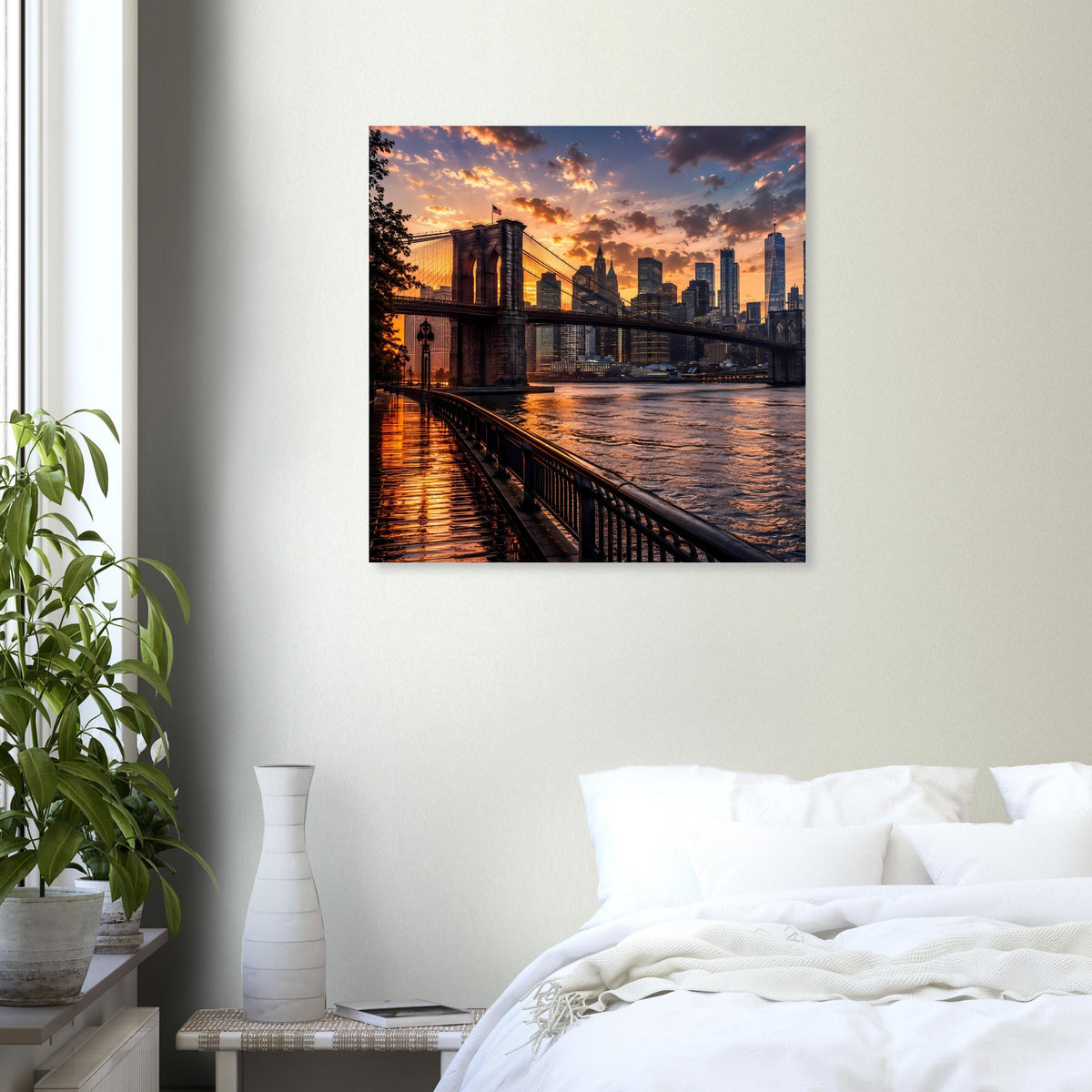 Gerahmtes Poster mit Brooklyn Bridge und Skyline im Sonnenuntergang, Blick auf den Fluss