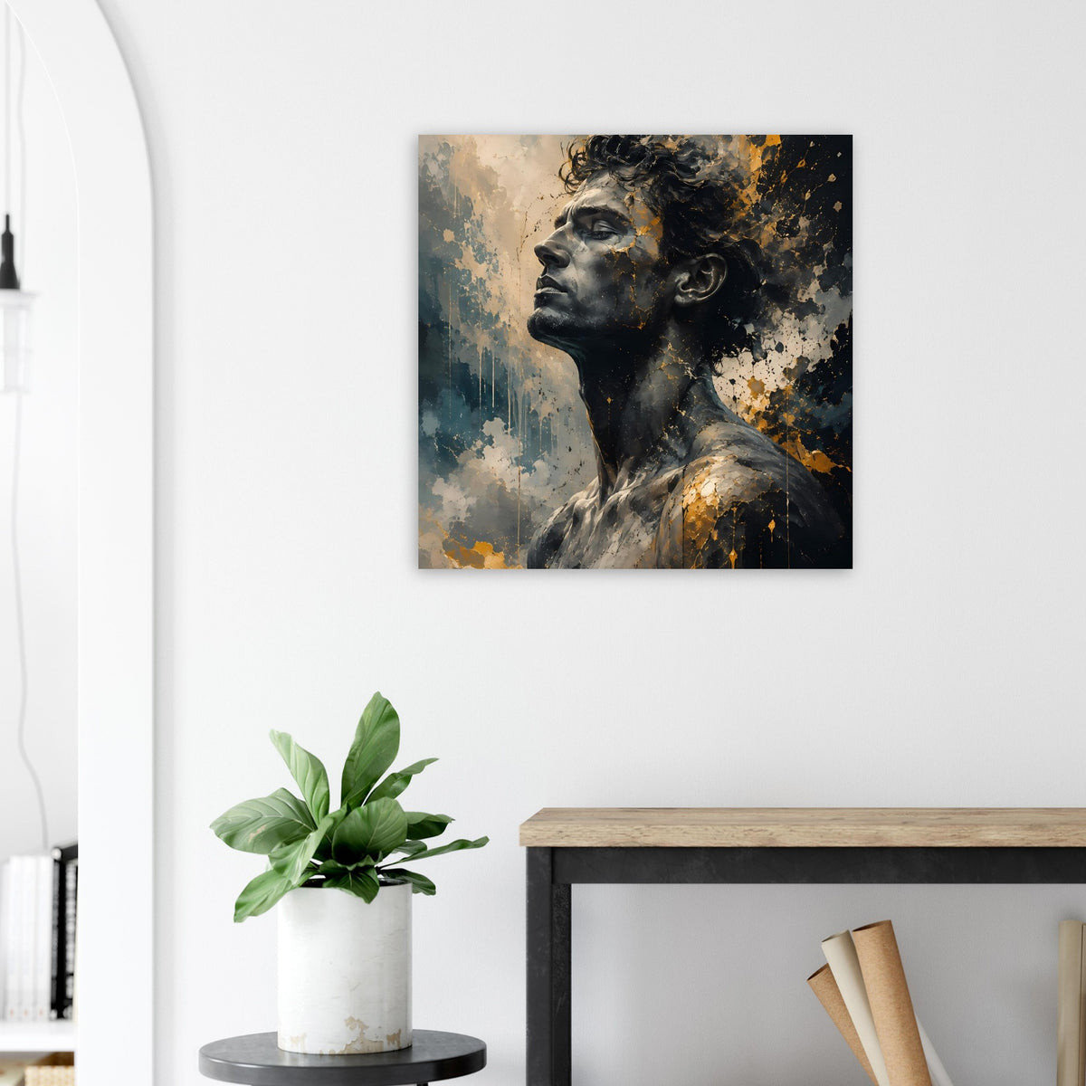 Gerahmtes Wandposter: Männerporträt im Seitenprofil, schwarze Grafik mit goldenen Risslinien