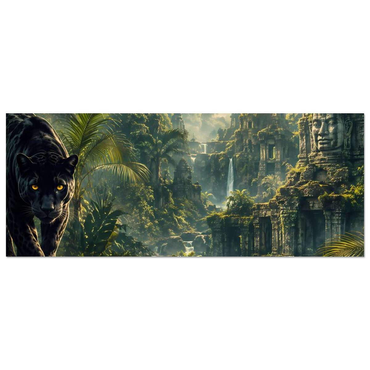 Horizontales Poster: schwarzer Panther links, Tempelruinen rechts