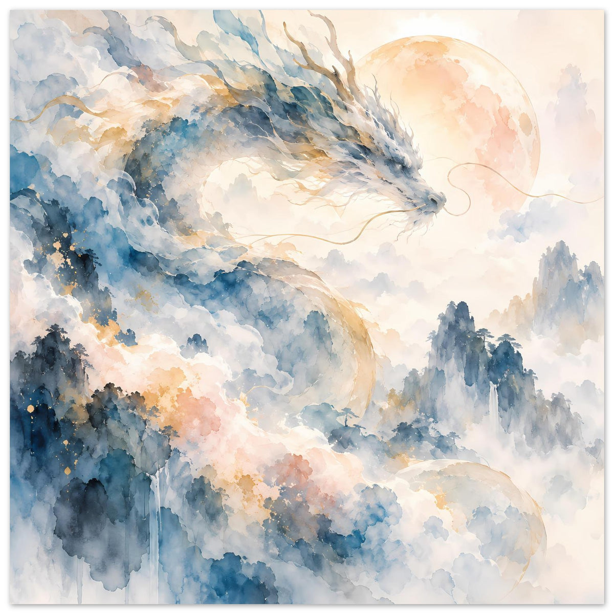 Fantasie-Aquarellposter mit blauem Drachen über nebligen Bergen und goldenem Mondkreis