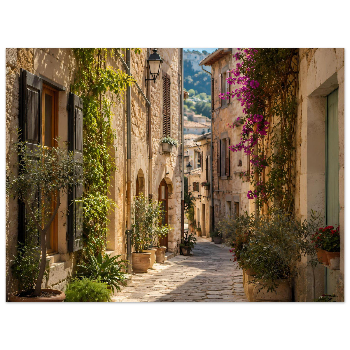 Mediterranes Poster: Weitwinkel-Gasse mit Steinmauern, Pflanzen in Töpfen und lila Blüten, gerahmt.