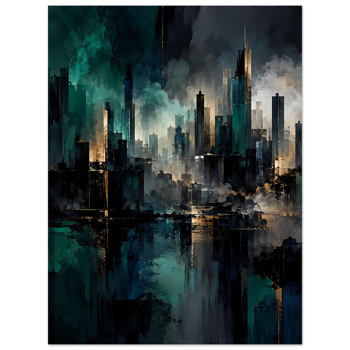 Abstraktes Skyline-Stadtposter im Hochformat, blaue und türkisfarbene Farbflächen mit Goldtönen