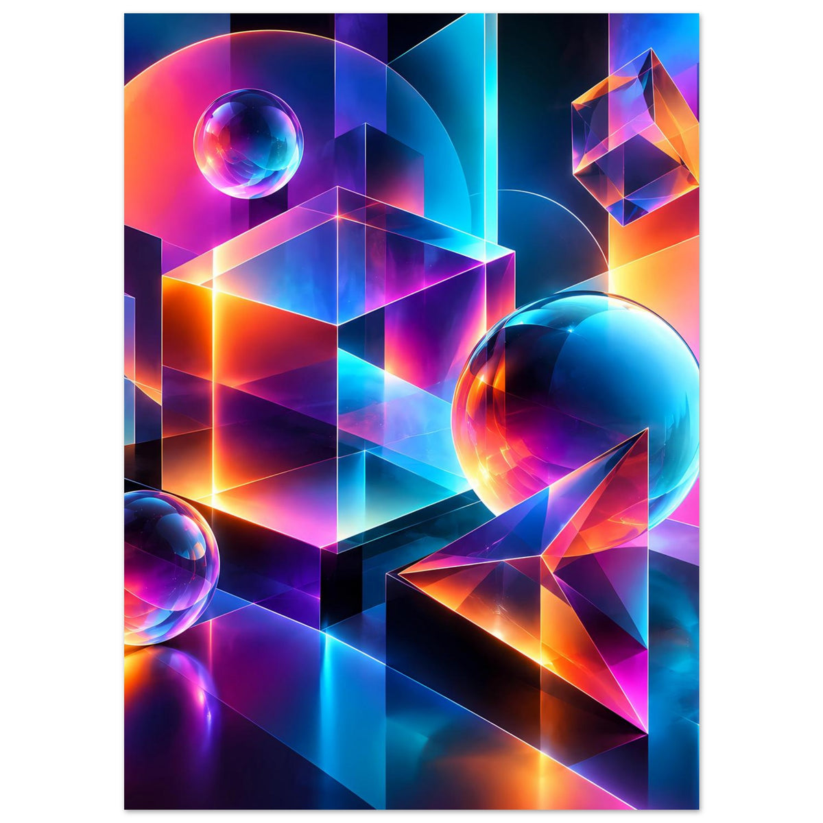 Poster mit futuristischer Neon-Geometrie, großen Kugeln und diamantähnlichen Formen